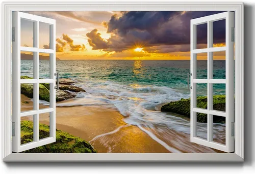 Vista 12 de Renditions Gallery Impresiones de pared de naturaleza para decoración de ventana para el hogar Inundado en la playa de arena, lienzo colgante