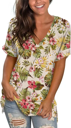 Vista 2 de SAMPEEL - Camisetas casuales de verano con cuello en V para mujer, de manga corta enrollada, con abertura lateral, ajuste holgado