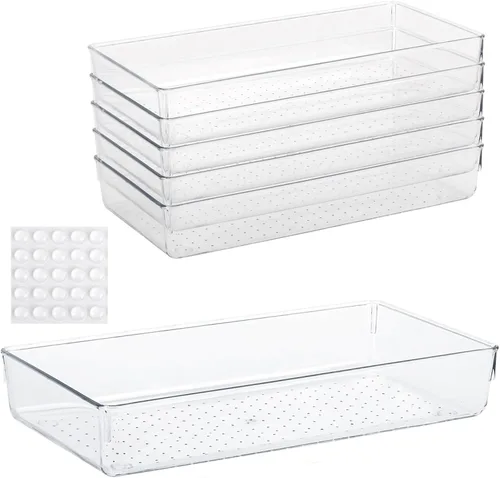 Vista 11 de 6 bandejas organizadoras de cajones de plástico transparente de 6 x 3 pulgadas con 25 almohadillas antideslizantes para maquillaje, joyas