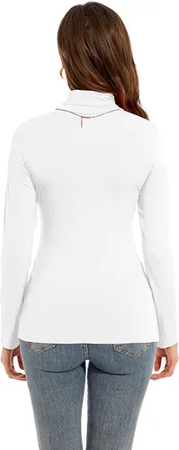 Vista 2 de Camiseta de manga larga con cuello alto para mujer, casual, ligera, ajustada, acogedora capa base, Blanco