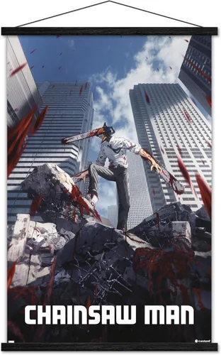 Vista 8 de Trends International Chainsaw Man - Póster de pared de arte clave, 22.37 x 34.00 pulgadas, paquete de impresión premium y colgador de madera de haya