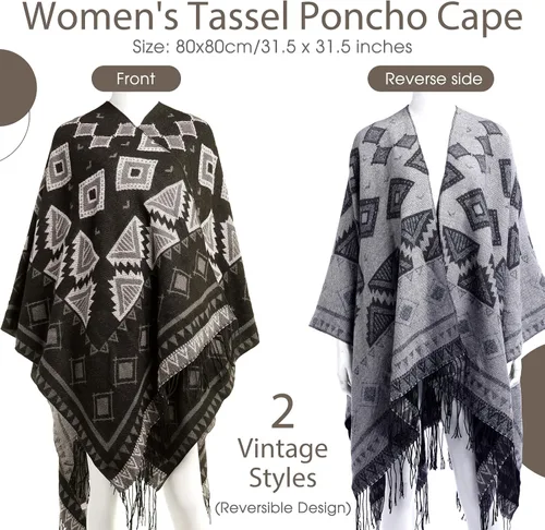 Vista 2 de Hoosige Poncho con borlas y frente abierto para mujer, 51.2 x 61 pulgadas, chal cálido para invierno, cárdigan estampado para mujer, otoño