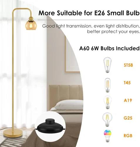 Vista 13 de Lámpara de pie moderna para sala de estar con bombilla LED de 6 W, lámpara de pie industrial, vidrio ámbar, lámpara alta de lectura clásica