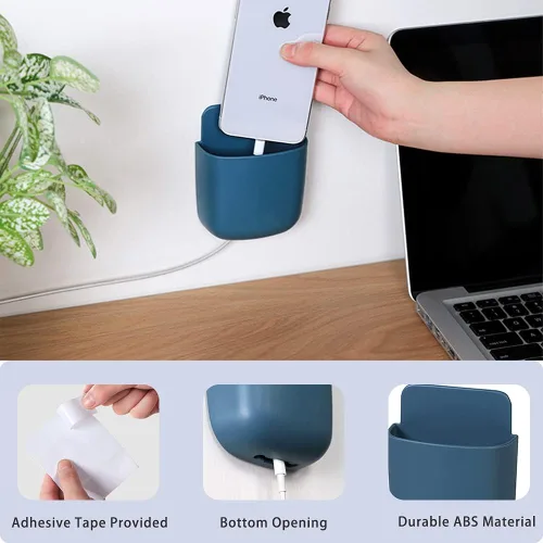 Vista 3 de Paquete de 3 soportes para control remoto de montaje en pared, organizador de carga de teléfono sin agujeros, contenedores de almacenamiento de Azul