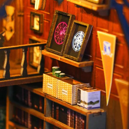 Vista 4 de Kit de rincón de libros de bricolaje – Rompecabezas de madera 3D en miniatura con luz LED – Regalo creativo y decoración de estantería