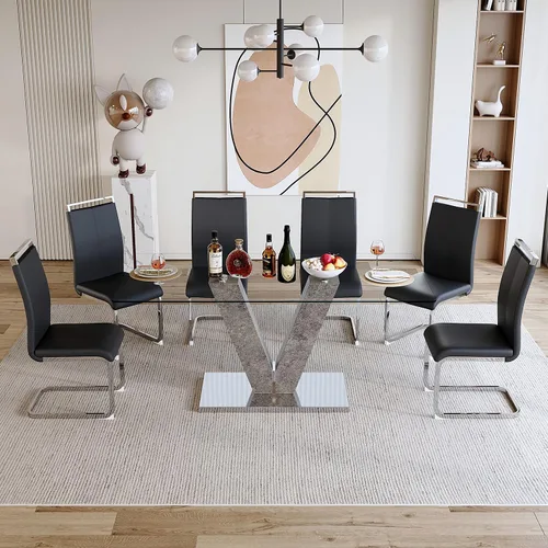 Vista 18 de gopop Juego de mesa de comedor moderna para 6, 7 piezas, mesa de comedor de mármol, mesa de cocina rectangular de 71 pulgadas con 6 sillas tapizadas