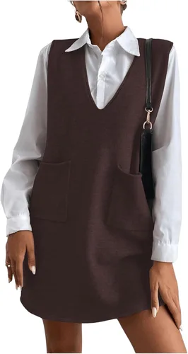 Vista 10 de OYOANGLE Vestido corto de punto con cuello en V sin mangas para mujer, liso, con bolsillos Verde militar