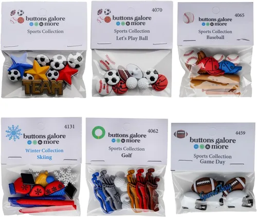 Vista 2 de Varios botones deportivos – Juego de más de 50 piezas para costura, álbumes de recortes y manualidades – fútbol, béisbol, fútbol, golf y esquí