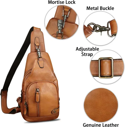 Vista 6 de IVTG Bolso bandolera de cuero genuino para hombres y mujeres, mochila vintage para el pecho, bolso cruzado para viajes y ciclismo, Marrón, Mediana