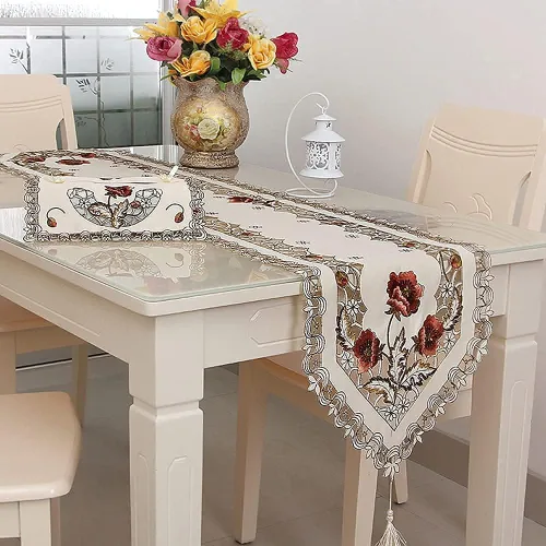 Vista 7 de Camino de mesa de encaje con flores europeas vintage, elegantes caminos Arzoe para decoración de mesa de comedor y gabinete