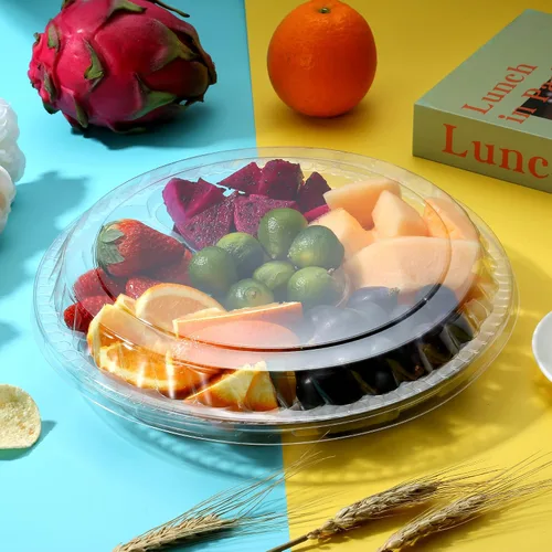 Vista 6 de Paquete de 12 bandejas redondas de plástico para verduras con tapa, bandeja de frutas, contenedor de 6 compartimentos divididos, bandeja para servir