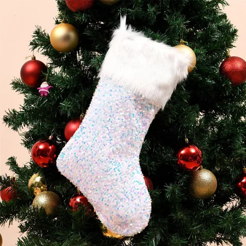 Vista 6 de Drawelry Calcetines de Navidad Medias de lentejuelas rosas: decoración familiar personalizada, adorno colgante para chimenea, temporada de Navidad