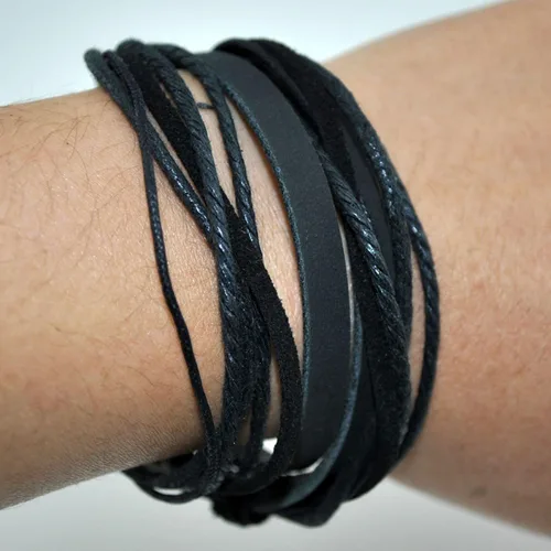Vista 4 de Pulsera de piel auténtica para hombre y mujer, multicapa, ajustable, con cuerda multicolor, latín, Negro, C0020