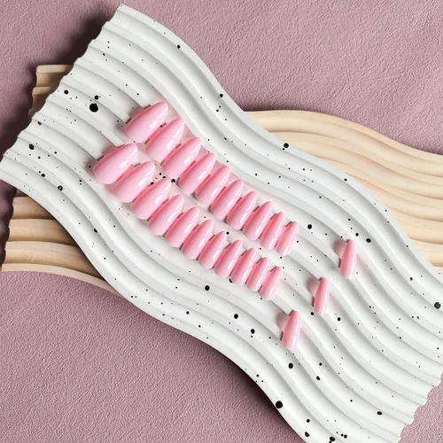 Vista 5 de Uñas postizas de presión con forma de almendra rosa de longitud media estilo stiletto, uñas artificiales de gel suave reutilizables acrílicas
