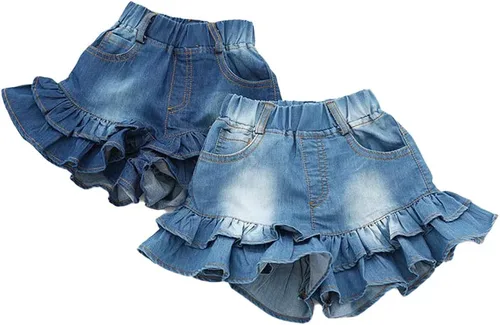 Vista 3 de TIBE PINCESS Pantalones cortos de mezclilla para niñas de 2 capas con volantes de encaje para niños, falda de entrenamiento de bebé, pantalones