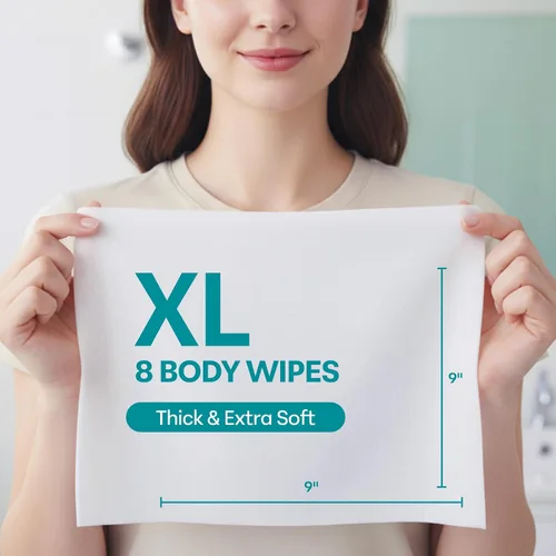 Vista 3 de Toallitas de baño XL de 9 x 9 pulgadas para adultos, sin enjuague, paño grueso y refrescante con aloe vera para camping, viajes, gimnasio y cuidado