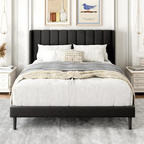 Vista 8 de Gruwans Base de cama de tamaño individual con cabecera tapizada con respaldo de ala, plataforma de fácil montaje, soporte de listones de madera,