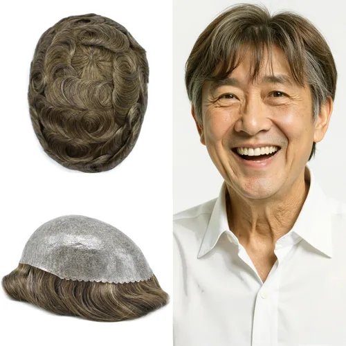 Vista 208 de Toupee para hombre 100% cabello humano real tupé para hombres 0.004 in piel de poliuretano para hombre, sistema de reemplazo de piezas de pelo