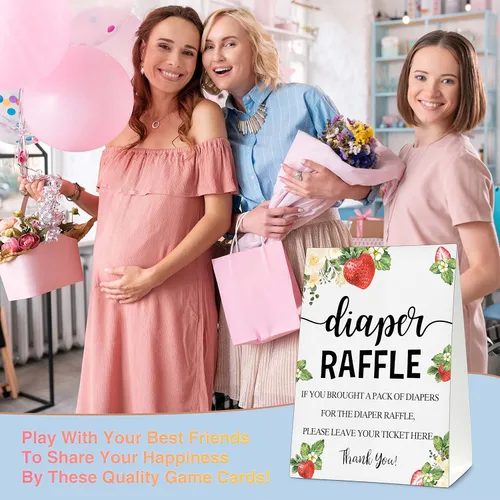 Vista 4 de Juego de baby shower, 50 boletos para rifas de pañales con 1 letrero de pie, suministros de decoración de fiesta de revelación de género de bayas