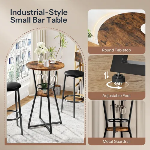 Vista 8 de HOOBRO Mesa redonda de bar, mesa de bar de 2 niveles con soporte para copas de vino, mesa de cóctel industrial, para espacios pequeños, taberna