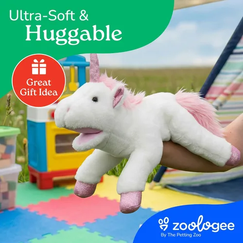 Vista 6 de The Petting Zoo Marioneta de peluche de unicornio de mano, regalos para niños, animales de marioneta, juguete de peluche interactivo de unicornio