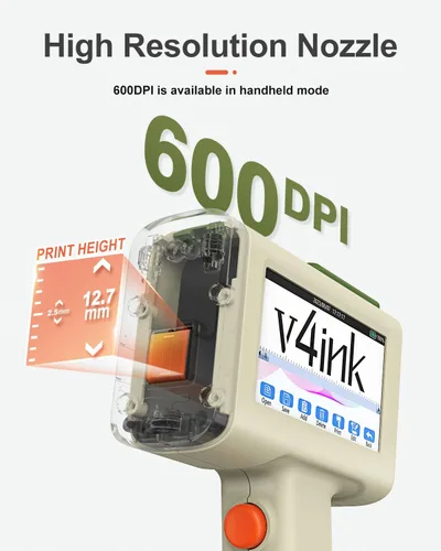 Vista 2 de v4ink Impresora de mano BT-HH6105B2 Beige Impresora de inyección de tinta de mano Imprime código de barras QR de 0.5 pulgadas, fecha, logotipo