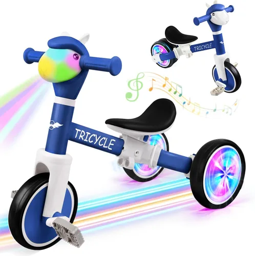 Vista 9 de Bicicleta de equilibrio para niños y niñas, triciclo para niños pequeños de 1 a 5 años, triciclo para niños pequeños con luz y música frontal