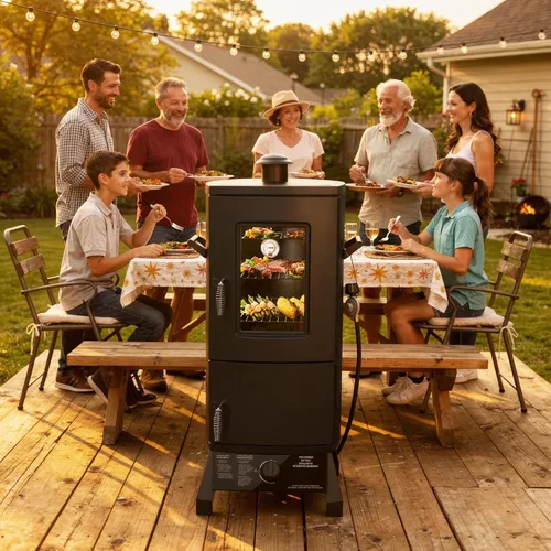 Vista 2 de Ahumador de propano, ahumador vertical con tres estantes extraíbles, parrillas al aire libre y ahumadores con termómetro para barbacoa, patio Negro