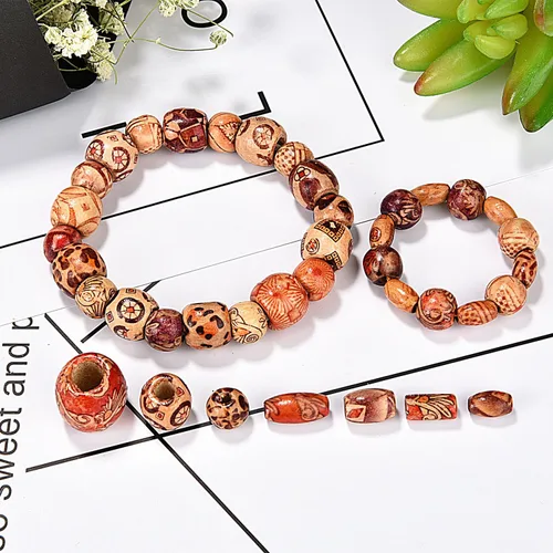 Vista 3 de Bememo - 400 piezas de cuentas de madera impresas de varias formas, cuentas de madera sueltas para hacer joyas, pulseras, collares, manualidades