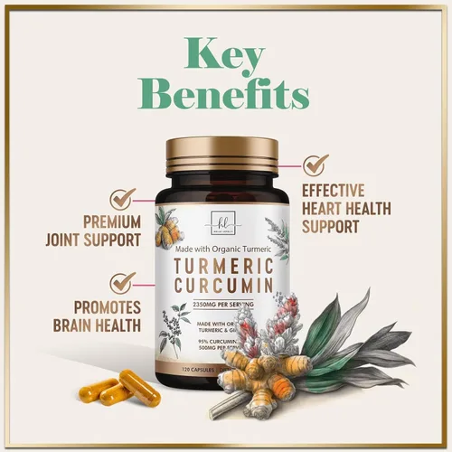 Vista 5 de Suplemento de curcumina de cúrcuma con 95% de curcuminoides, cúrcuma orgánica y jengibre de 1750 mg, pimienta negra BioPerine para una mejor