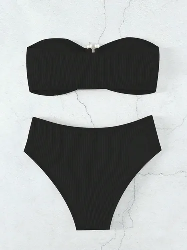 Vista 2 de WDIRARA Conjunto de bikini de 2 piezas para mujer, conjunto de traje de baño de cintura alta sin tirantes con nudo frontal