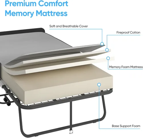 Vista 4 de Mjkone Cama plegable con colchón, cama rodante para adultos con cabecero y bolsa antipolvo, cama plegable portátil de 5 pulgadas para huéspedes