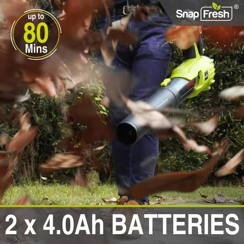 Vista 2 de SnapFresh Soplador de hojas sin escobillas de 20V inalámbrico - 550 CFM/193 KM/H Batería de 4.0Ah*2 Soplador de hojas con cargador rápido