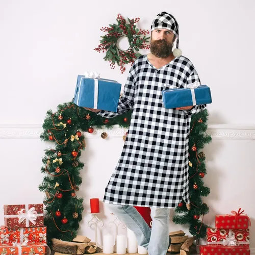 Vista 7 de Conjunto de camisa de dormir y gorro de dormir de manga larga para hombre con diseño de cuadros navideños y gorro de dormir con pompones