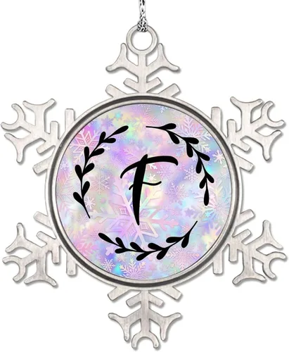 Vista 13 de Adorno de copo de nieve de letra A con inicial de copo de nieve, corona negra, adorno con monograma para decoración de árbol de Navidad, adornos