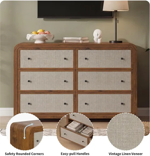 Vista 4 de Cómoda moderna de granja con 6 cajones para dormitorio Nogal