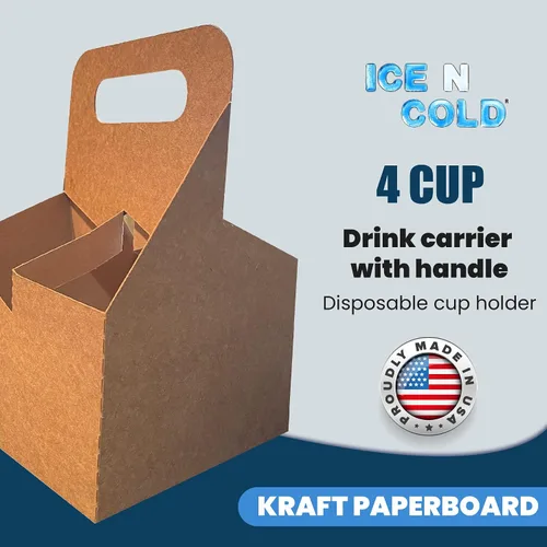 Vista 2 de Portabebidas de 4 tazas con asa Soporte de cartón kraft desechable para bebidas calientes o frías, servicios de entrega de alimentos, Uber Eats