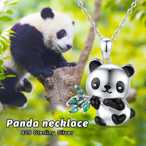 Vista 4 de CHENGHONG Panda Gifts - Collar de plata de ley 925 con bonito diseño de panda con colgante de animal de peluche, regalo de joyería de oso panda