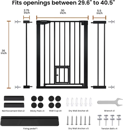 Vista 9 de Mumeasy Puerta de bebé extra alta de 36 pulgadas de alto con puerta para gatos, puerta de perro montada a presión de 29.6-40.5 pulgadas de ancho