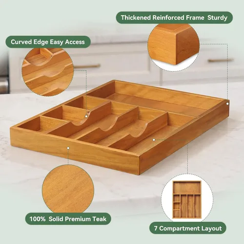 Vista 8 de Teak Silverware Organizer For Drawer, Flatware Silverware Storage Tray