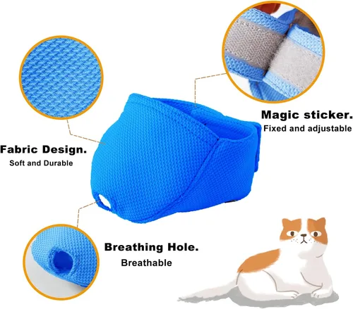 Vista 2 de Bozal para gatos con tela suave y flexible, máscara de gato, bozal para evitar mordeduras, masticar, aseo, antiarañazos (XS, azul)