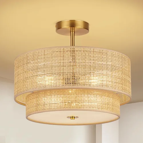 Vista 11 de Lámpara bohemia para techo, 13 pulgadas, lámpara de techo semiempotrada de 13 pulgadas, candelabro de granja de 3 luces, lámpara de techo de ratán
