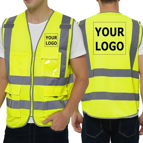 Vista 8 de TopTie Personaliza tu logotipo reflectante chaleco de seguridad cremallera frontal con 9 bolsillos, cumple con las normas ANSI/ISEA Clase 2