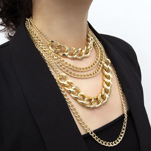 Vista 3 de Collar grueso en capas para mujer, cadena de eslabones cubanos dorados, mosquetón, collar punk, gargantilla gruesa, regalo de joyería