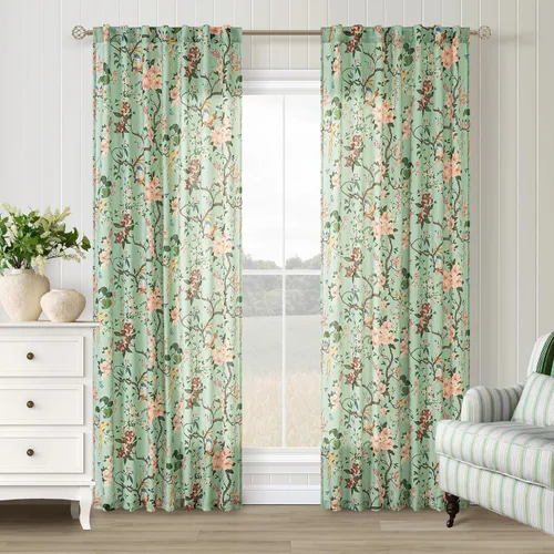 Vista 38 de Cortinas de lino de pájaro floral azul 2 paneles de 72 pulgadas de largo Aqua Blue