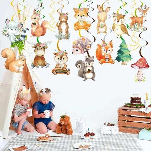Vista 7 de Decoraciones de fiesta de bosque, 20 piezas de animales del bosque, remolinos colgantes, animales del bosque, decoraciones de techo para decoración