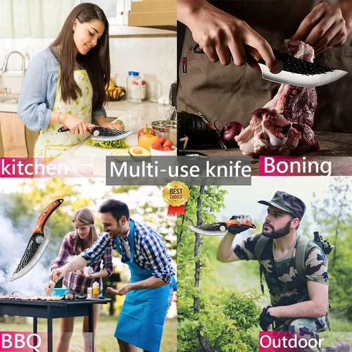 Vista 7 de Kitory Cuchillo de carnicero para cortar carne, cuchillo vikingo forjado a mano con mango ergonómico de madera, cuchillo de chef chino de acero