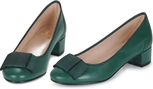 Vista 5 de MOOMMO Zapatos de tacón bajo y grueso para mujer, con lazos, punta redonda cerrada, sandalias de vestir con tacón de bloque, zapatos planos con lazo