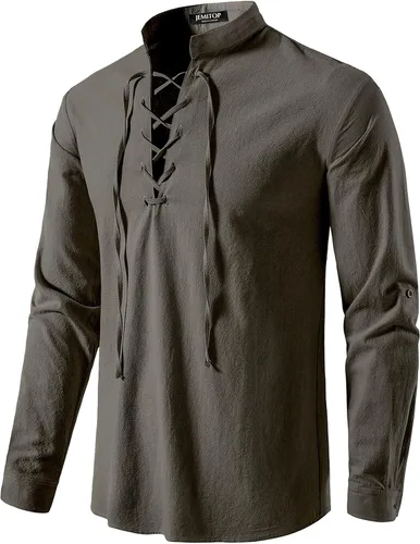 Vista 15 de JEMITOP Men's Pure Cotton Renaissance Lace Up Shirt Verde militar