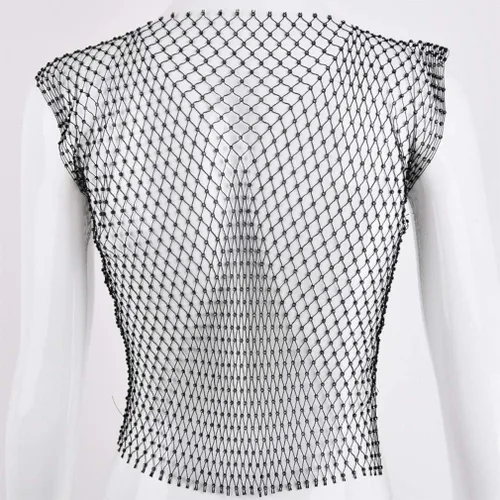 Vista 7 de FlyCC Women Sexy Mesh Tank Tops Rhinestone Glitter See Through Hollow Out Crop Tops for RavePartyClubwear